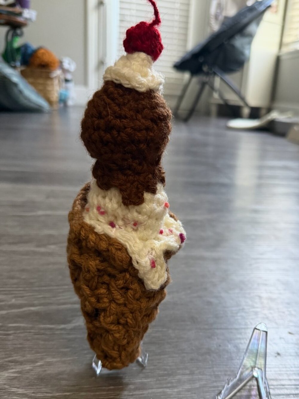 Crochet Ice Cream Plush – Two Scoop Cone with Whipped Cream & Cherries, Handmade